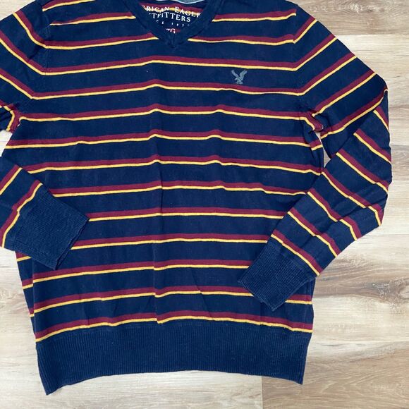 American Eagle Sweater Mens XL Navy Blue Striped V Neck Long Sleeve Pullover - Picture 5 of 7